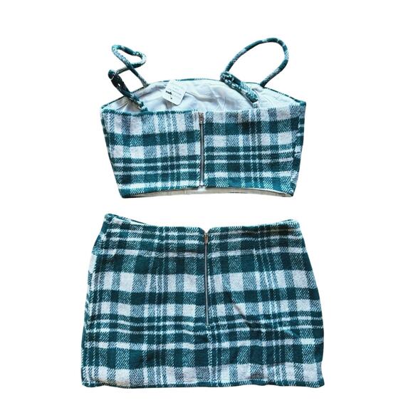 NWT Green Plaid 3-Piece Set Top Skirt Long Coat Small Holiday Academia Winter - Picture 7 of 16